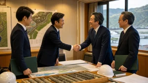 建設コンサルタント会社が地域の地質調査会社を承継し公共案件と現場資料を確認するM&A事例イメージ