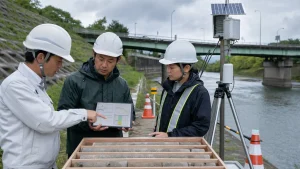 防災モニタリング会社と地質調査技術者が橋梁と河川の現場でセンサーと地盤データを確認するM&A事例イメージ