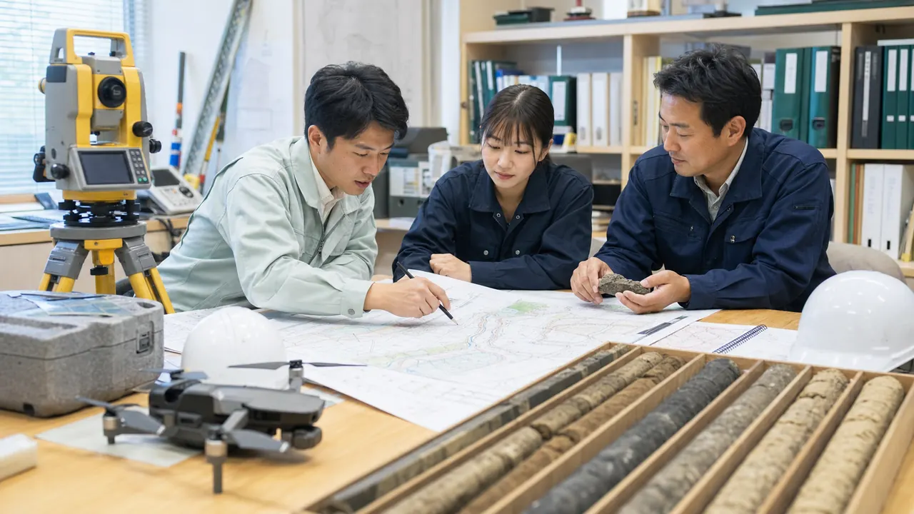 測量設計会社と地質調査会社が測量図面とコアサンプルを確認し統合を進めるM&A事例イメージ