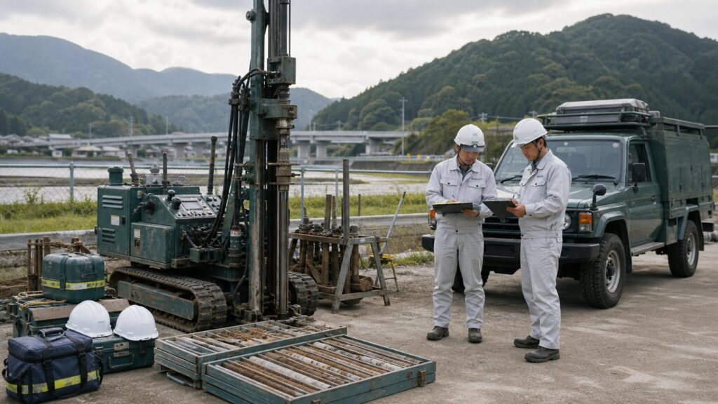 地質調査会社のボーリング機材、車両、現場班、コアサンプルを承継対象として確認している様子