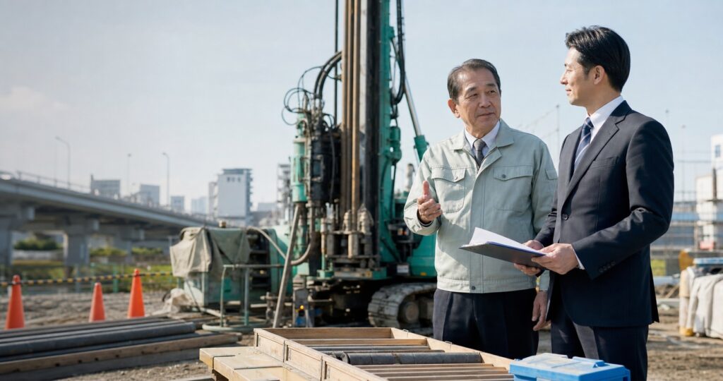 地質調査会社のオーナーとM&Aアドバイザーがボーリング調査現場で事業承継について相談している様子