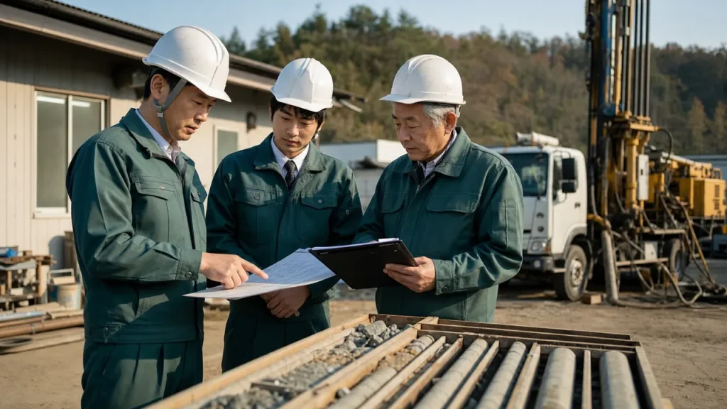 地質調査会社の現場班、技術者、試錐機、コアサンプルを引き継ぐための確認風景