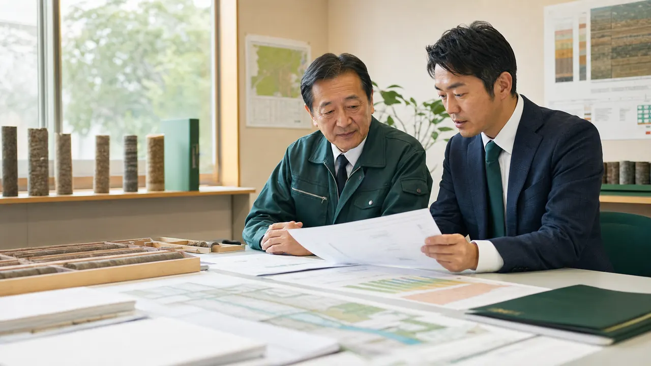 地質調査会社の譲渡企業オーナーとM&A担当者が柱状図と資料を確認し手数料0円の譲渡準備を進める様子