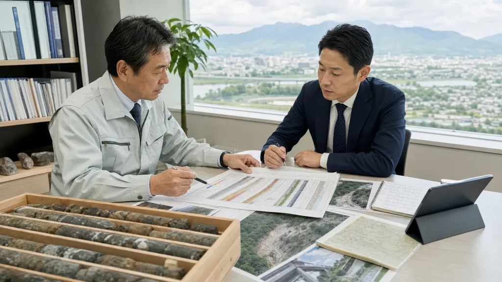 岩手県・盛岡の地質調査会社M&Aについて、経営者と担当者が柱状図とコアサンプルを確認しながら技術者承継を相談している様子