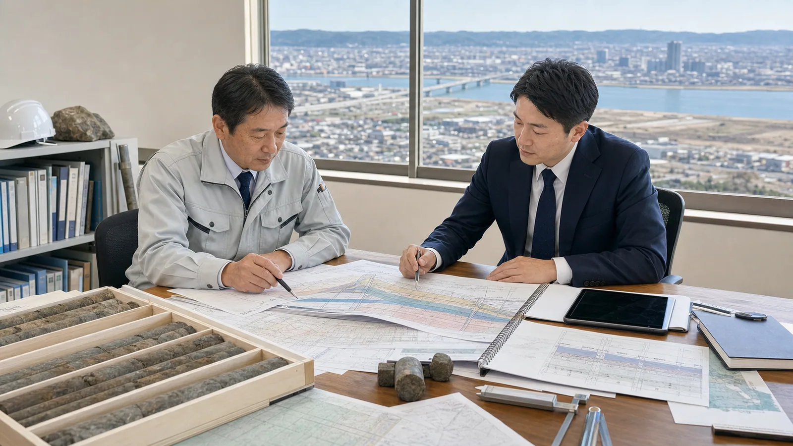 宮城県・仙台の地質調査会社M&Aについて、経営者と担当者が柱状図とコアサンプルを確認しながら技術者承継を相談している様子