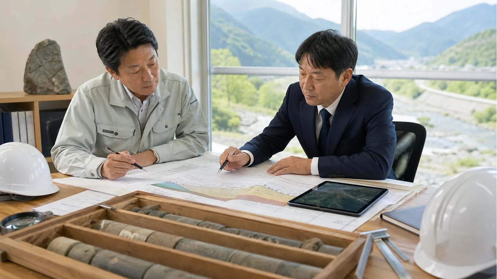 長野県の地質調査会社M&Aについて、経営者と担当者が柱状図とコアサンプルを確認しながら技術者承継を相談している様子