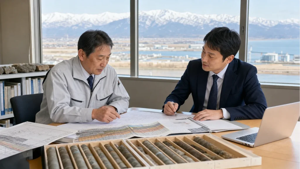 新潟県の地質調査会社M&Aについて、経営者と担当者が柱状図とコアサンプルを確認しながら技術者承継を相談している様子