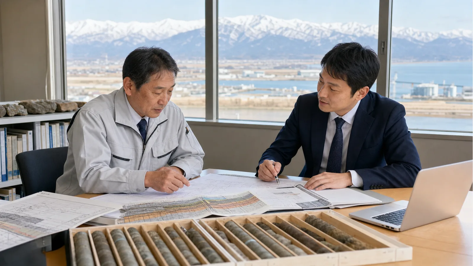 新潟県の地質調査会社M&Aについて、経営者と担当者が柱状図とコアサンプルを確認しながら技術者承継を相談している様子
