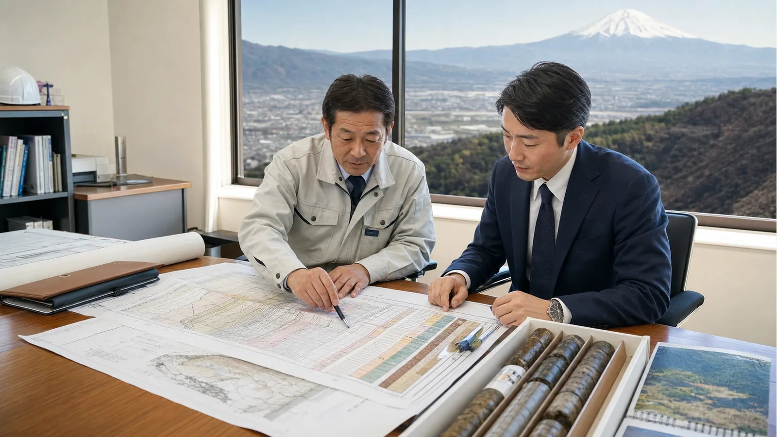 山梨県の地質調査会社M&Aについて、経営者と担当者が富士山麓の地盤資料とコアサンプルを確認しながら技術者承継を相談している様子