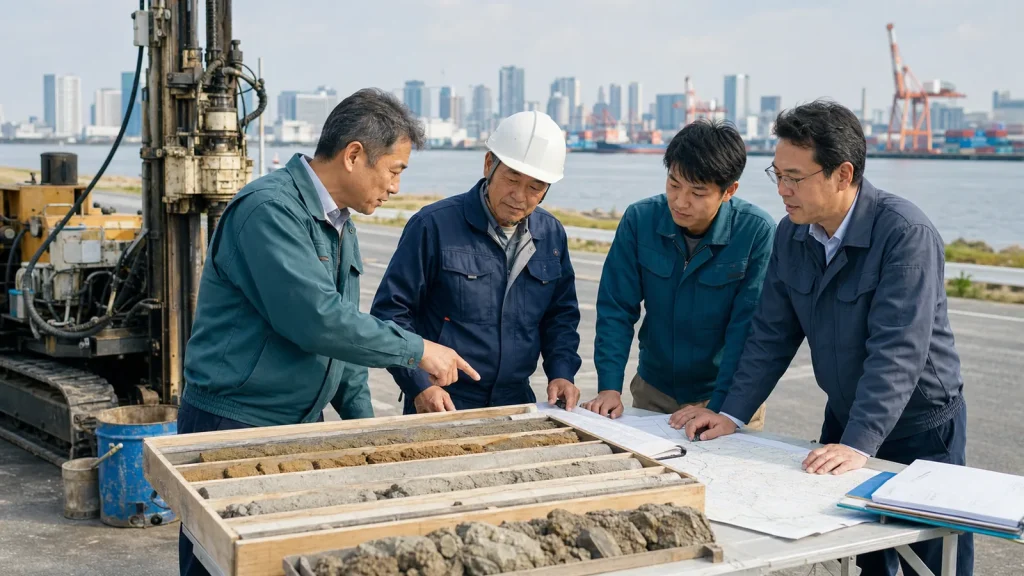 愛知県の地質調査会社M&Aで名古屋湾岸のボーリング機械とコア試料を確認する経営者と技術者