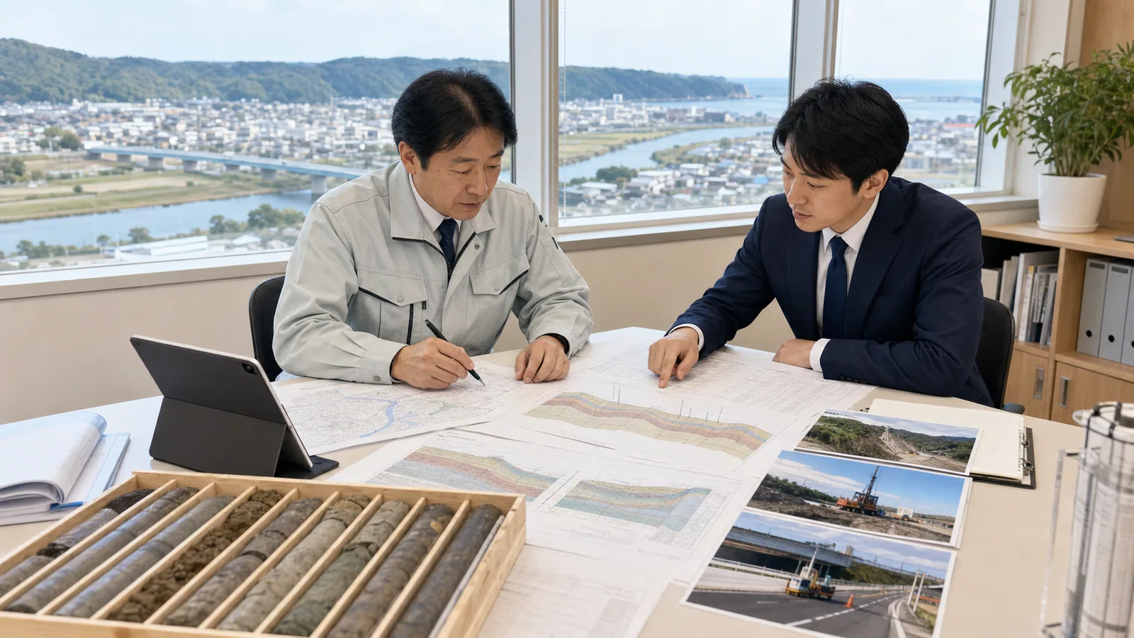 秋田県・秋田市の地質調査会社M&Aについて、経営者と担当者が柱状図とコアサンプルを確認しながら技術者承継を相談している様子