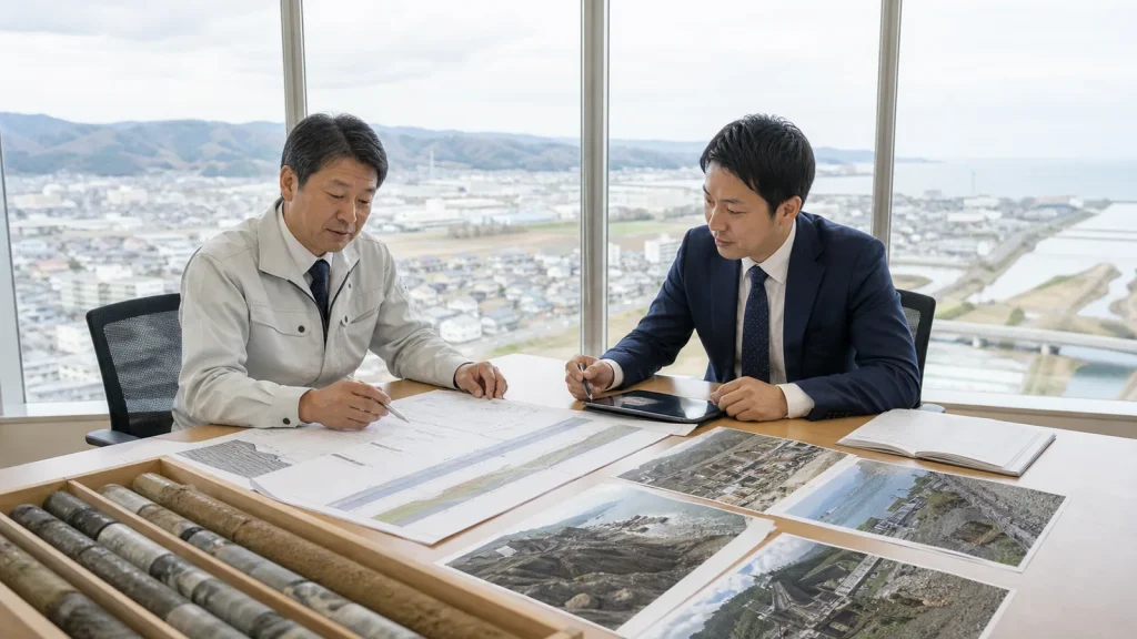 青森県の地質調査会社M&Aで、ボーリング柱状図とコア試料を前に技術承継を相談する経営者と担当者