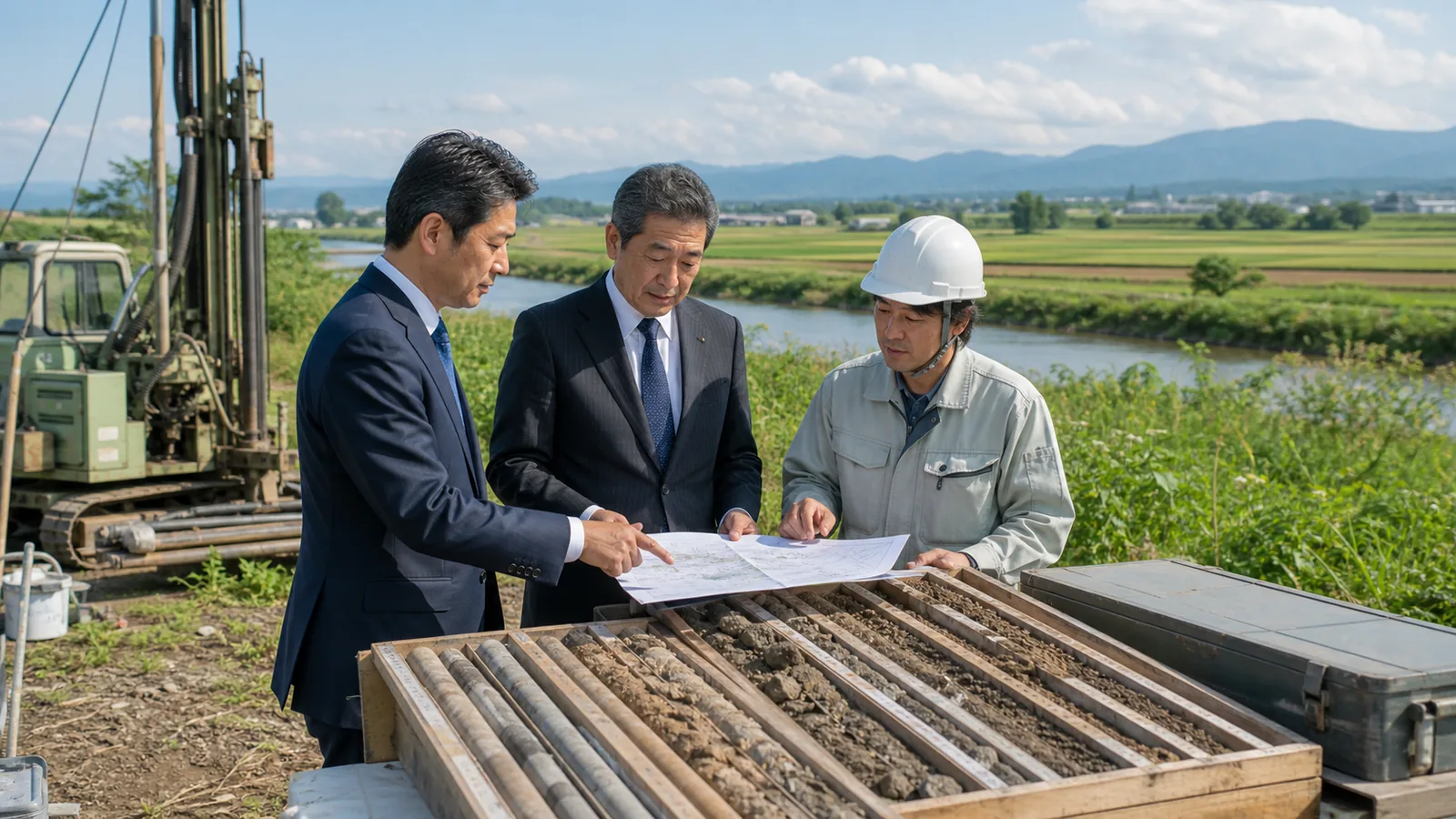 旭川・道北の地質調査会社M&Aで、河川低地の現場にあるボーリング機械とコア試料を確認する経営者と技術者