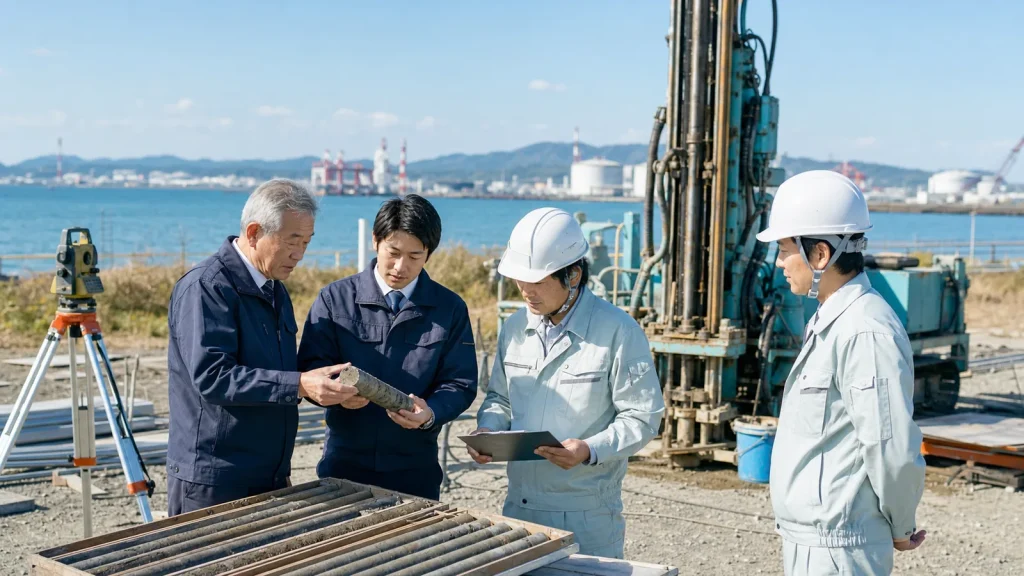 千葉県の地質調査会社M&Aで京葉臨海部を背景にボーリング機械とコア試料を確認する経営者と技術者
