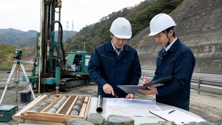 現場技術者が試錐機とコアサンプルを確認する様子