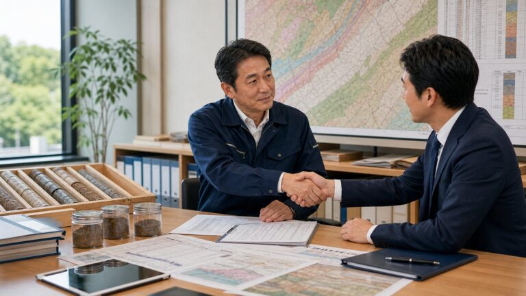 地質調査会社の承継相談後に経営者とアドバイザーが握手する様子