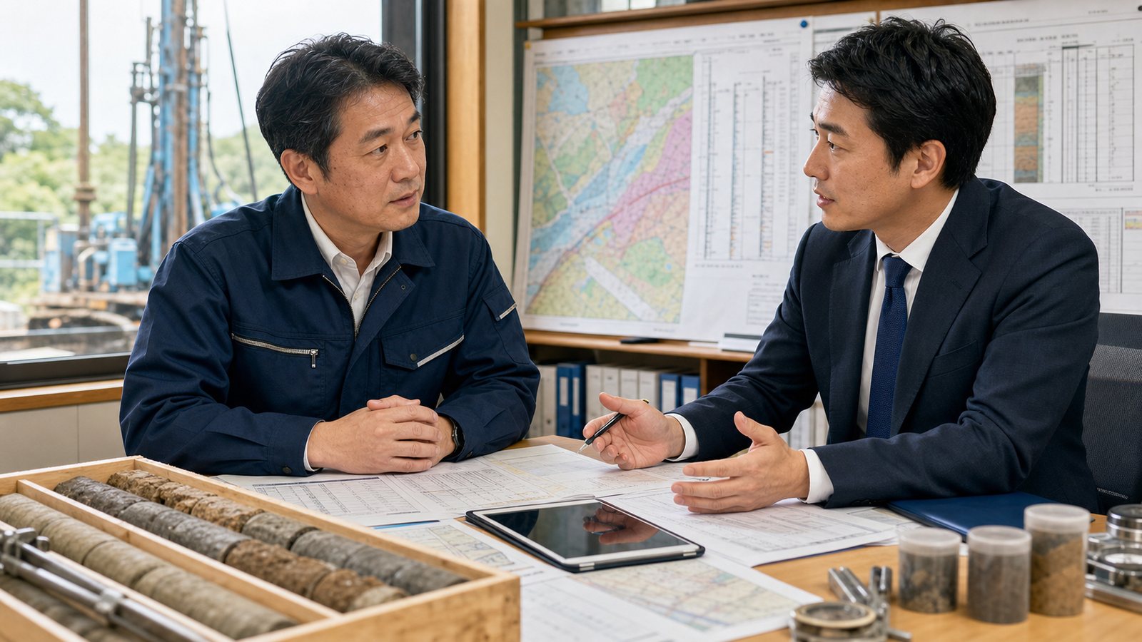 地質調査会社の経営者とM&Aアドバイザーが柱状図とコアサンプルを見ながら相談する様子