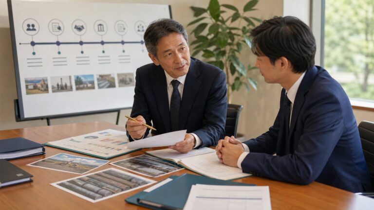 地質調査会社のM&A進行フローについて資料を確認する様子