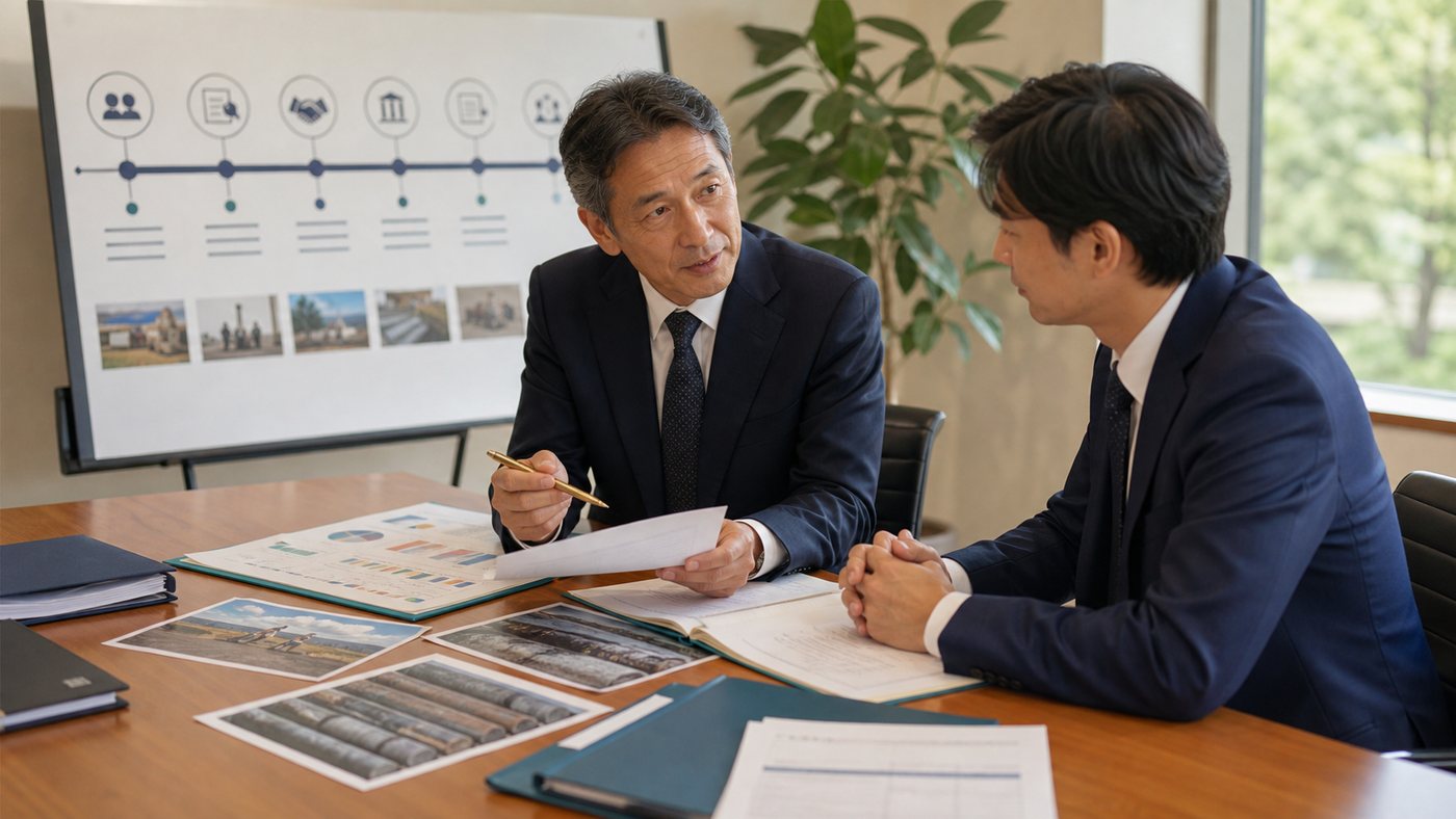 地質調査会社のM&A進行フローについて資料を確認する様子