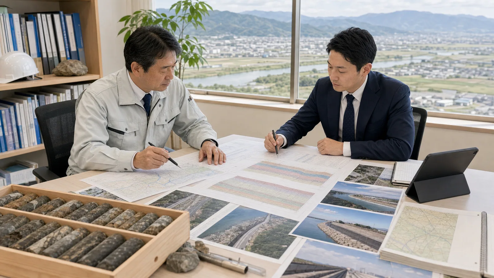福島県・郡山の地質調査会社M&Aについて、経営者と担当者が柱状図とコアサンプルを確認しながら技術者承継を相談している様子