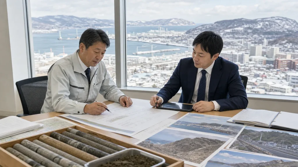 函館・道南の地質調査会社M&Aで、港湾と沿岸斜面の調査資料やコア試料を確認する経営者と担当者