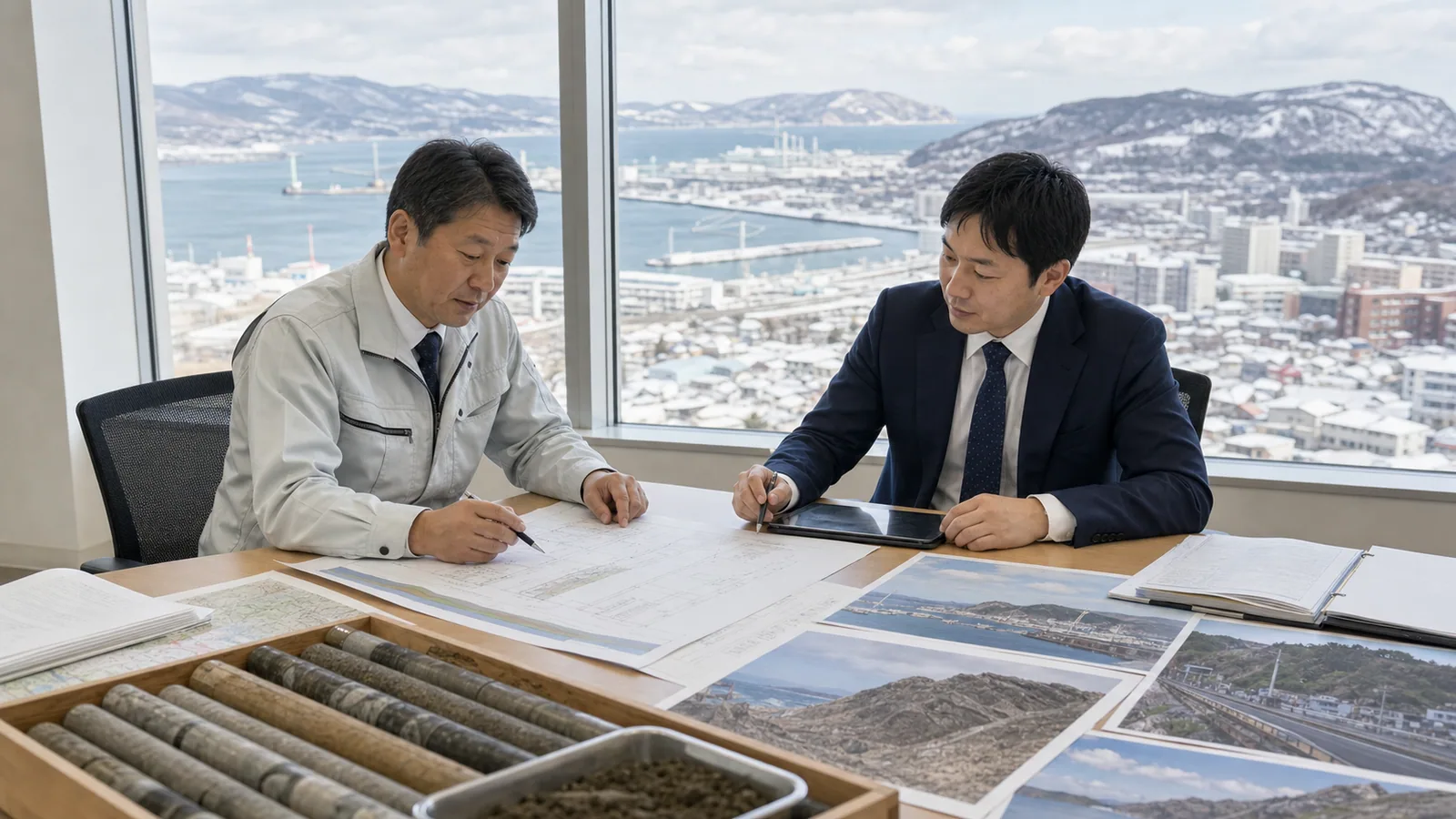 函館・道南の地質調査会社M&Aで、港湾と沿岸斜面の調査資料やコア試料を確認する経営者と担当者