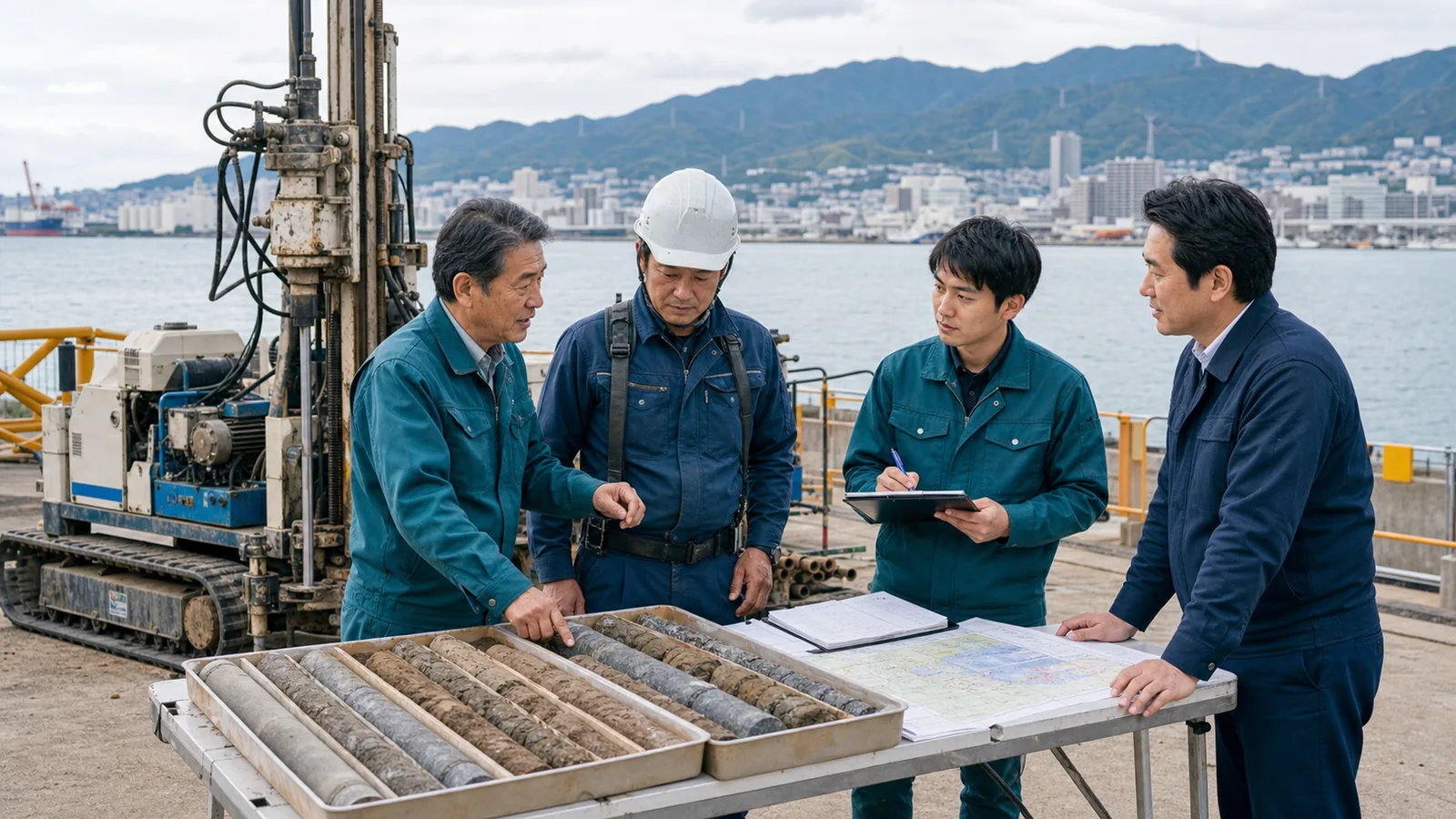 兵庫県の地質調査会社M&Aで神戸湾岸のボーリング機械とコア試料を確認する経営者と技術者