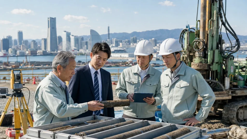 神奈川県の地質調査会社M&Aで横浜湾岸を背景にボーリング機械とコア試料を確認する経営者と技術者
