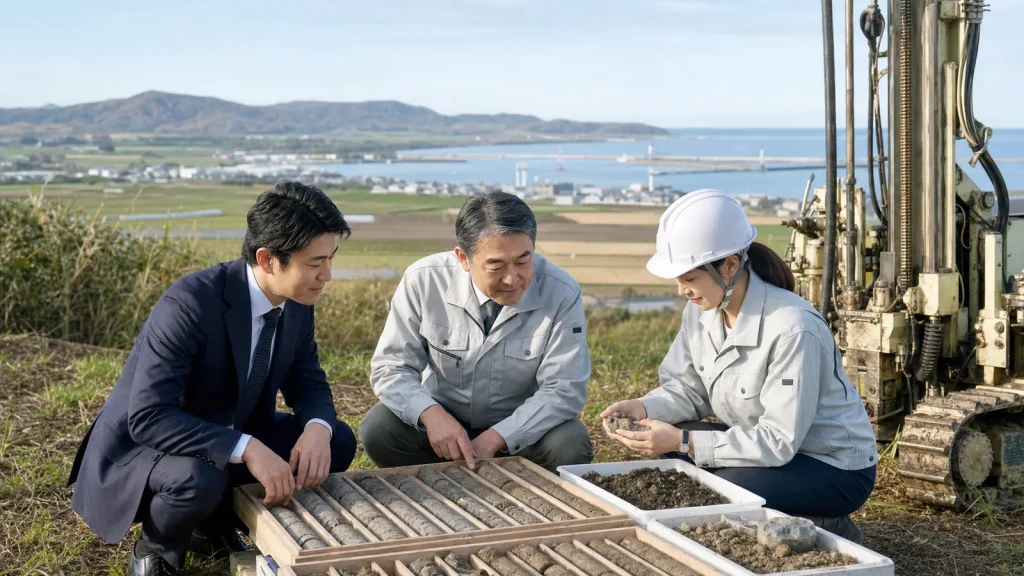 北見・オホーツクの地質調査会社M&Aで、沿岸と農地を背景にボーリング機械とコア試料を確認する経営者と技術者