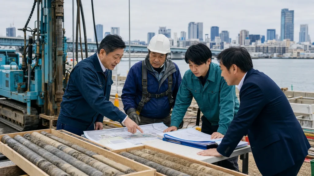 大阪府の地質調査会社M&Aで大阪湾岸のボーリング機械とコア試料を確認する経営者と技術者