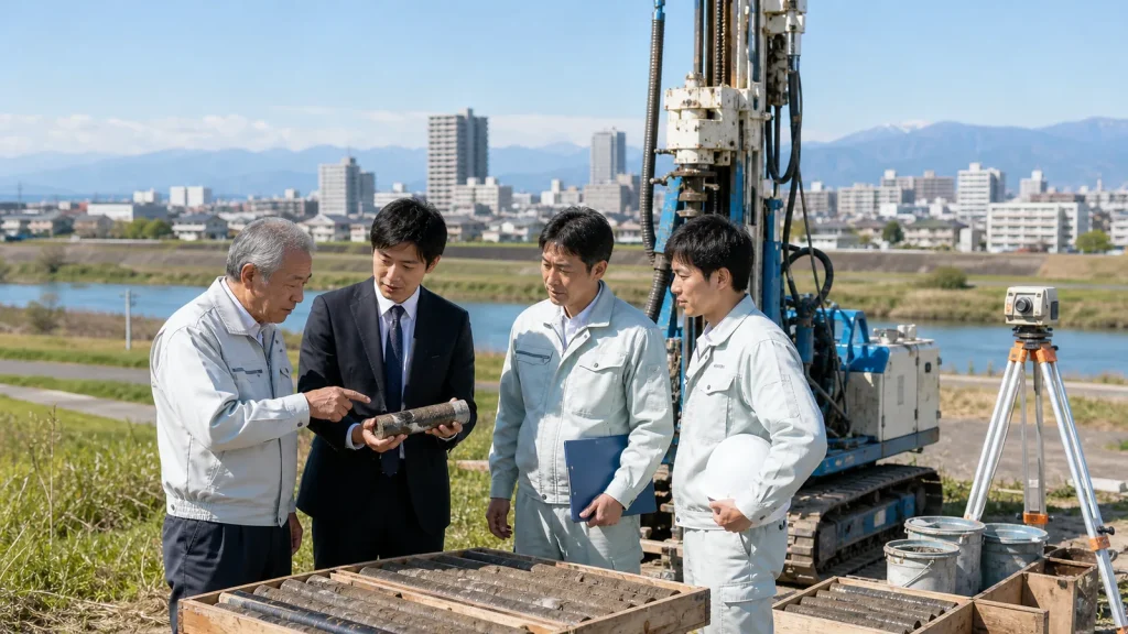 埼玉県の地質調査会社M&Aで荒川低地の河川堤防を背景にボーリング機械とコア試料を確認する経営者と技術者