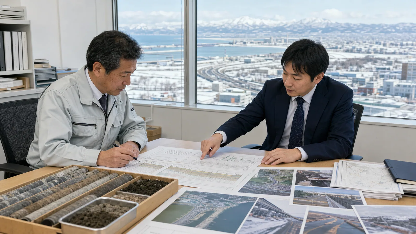 札幌・石狩低地帯の地質調査会社M&Aで、寒冷地地盤の柱状図とコア試料を確認する経営者と担当者