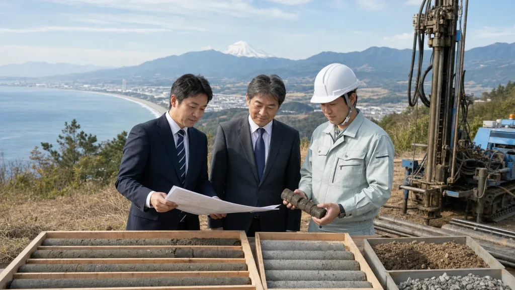 静岡県の地質調査会社M&Aで、富士山南麓と駿河湾を背景にボーリング機械とコア試料を確認する経営者と技術者