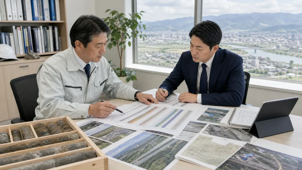 山形県・山形市の地質調査会社M&Aについて、経営者と担当者が柱状図とコアサンプルを確認しながら技術者承継を相談している様子