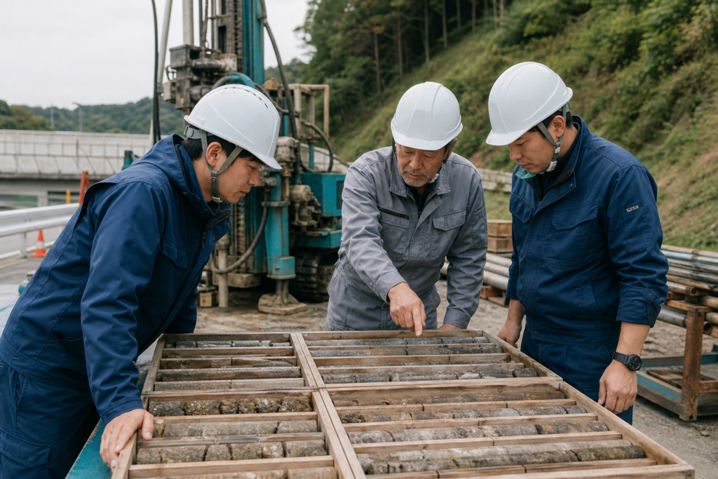ボーリング調査現場で地質技術者がコアサンプルを確認する様子