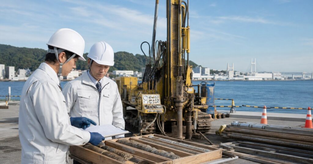 神奈川県の地質調査会社M&Aを表す横浜湾岸のボーリング調査、地盤コア確認、丘陵地と技術者承継
