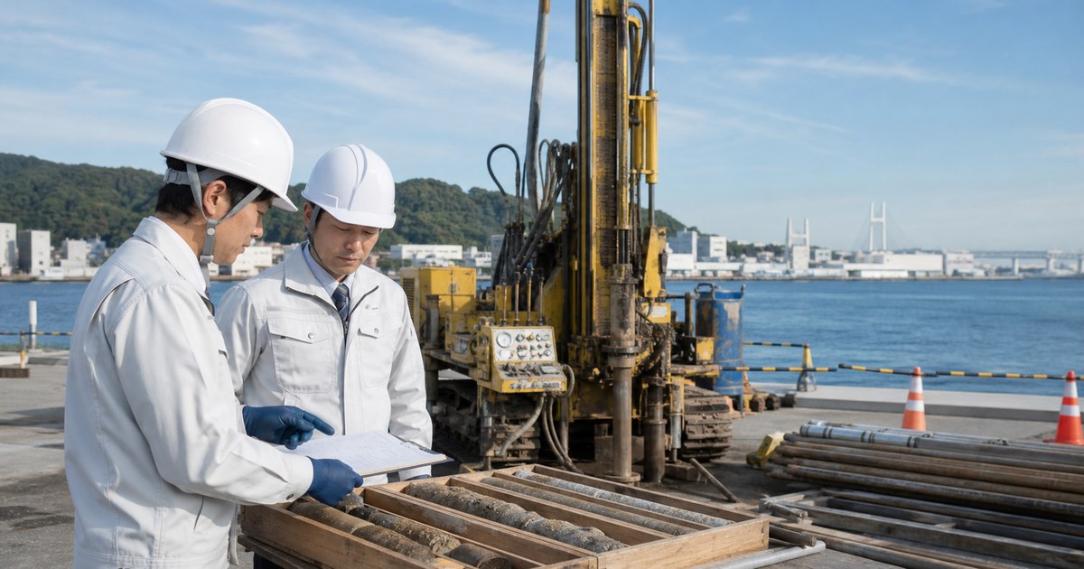 神奈川県の地質調査会社M&Aを表す横浜湾岸のボーリング調査、地盤コア確認、丘陵地と技術者承継