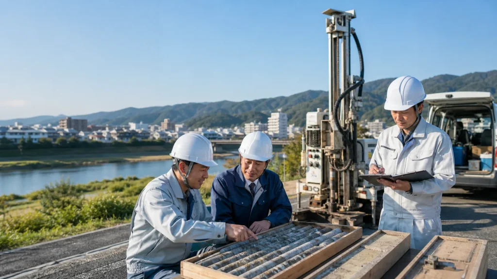 京都府の地質調査会社M&Aで京都盆地の河川沿いにボーリング機械とコア試料を確認する経営者と技術者