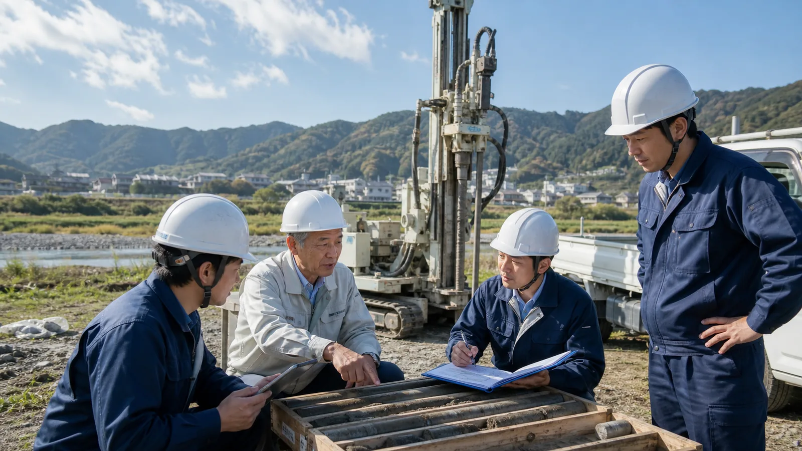 奈良県の地質調査会社M&Aで大和盆地の河川沿いにボーリング機械とコア試料を確認する経営者と技術者