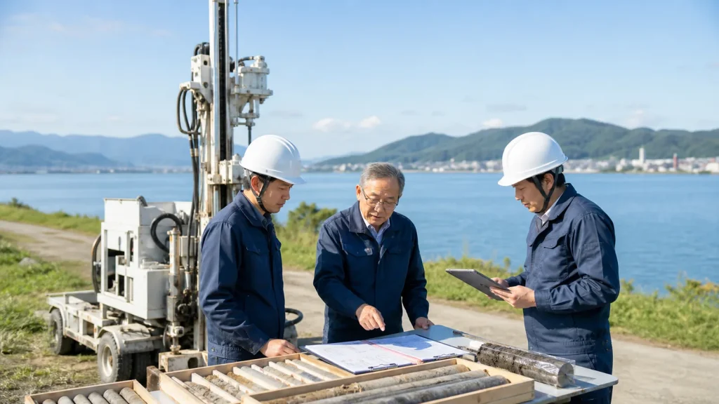 滋賀県の地質調査会社M&Aで琵琶湖岸の調査現場にてボーリング機械とコア試料を確認する経営者と技術者